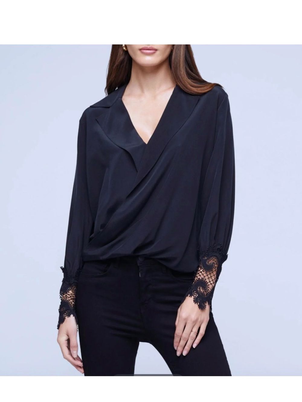 L'AGENCE Joah Wrap Black Lace-Cuff Surplice Blouse SZ EUC